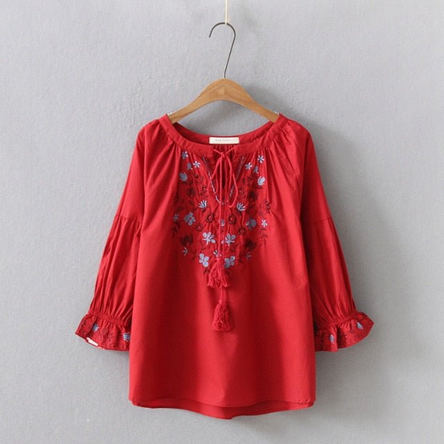 CHESHANF Bohemian Style Floral Embroidery Puff Sleeve Blouse - My She Shop