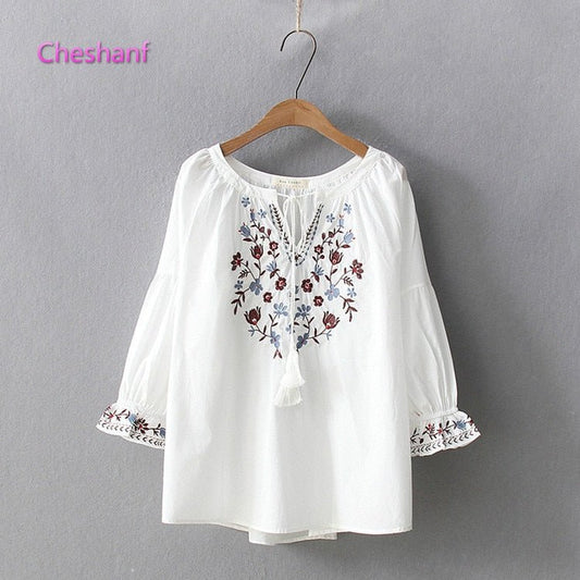 CHESHANF Bohemian Style Floral Embroidery Puff Sleeve Blouse - My She Shop