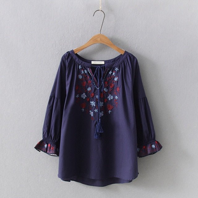 CHESHANF Bohemian Style Floral Embroidery Puff Sleeve Blouse - My She Shop