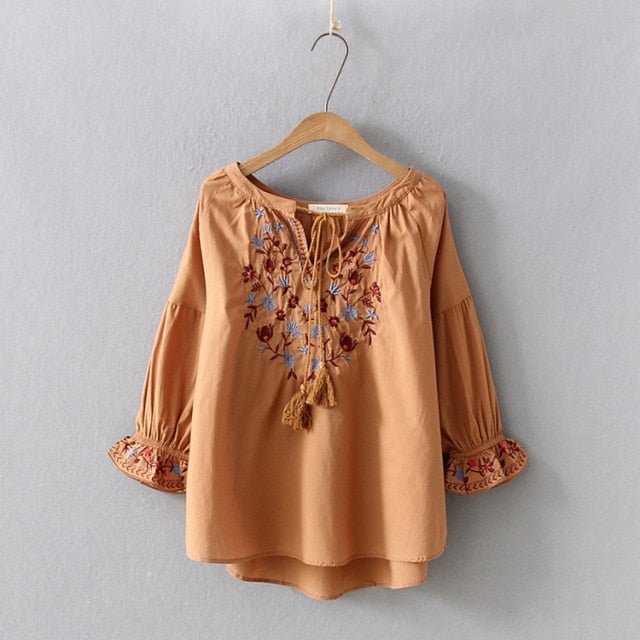 CHESHANF Bohemian Style Floral Embroidery Puff Sleeve Blouse - My She Shop