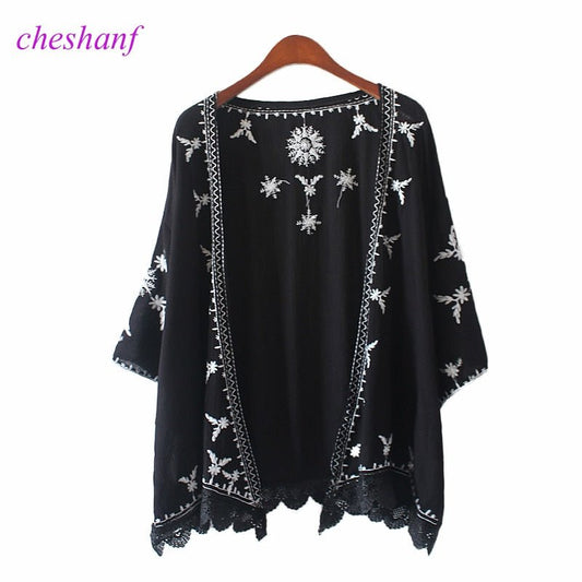 CHESHANF Choice Cotton Linen Embroidery Beach Cruise Kimono - My She Shop