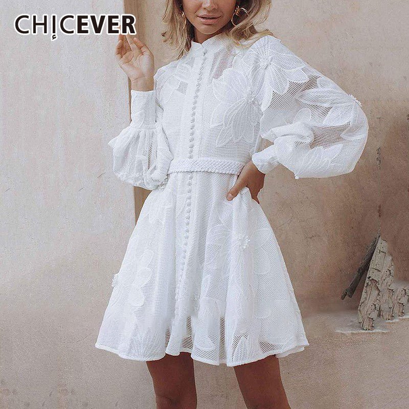 CHICEVER Classic Embroidery Flower Pattern Lantern Sleeve Stand Up Collar Dress - My She Shop