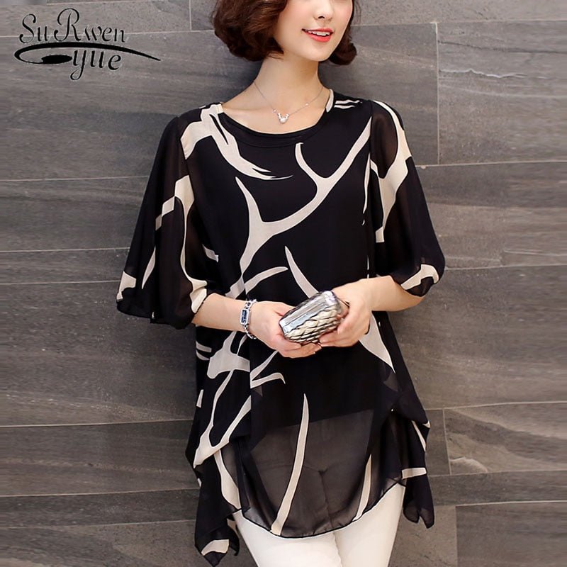 Chiffon Geometric Design Plus Size Blouse - My She Shop