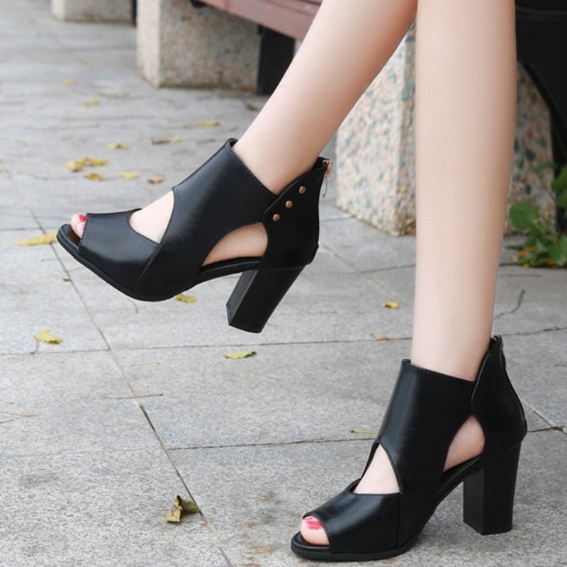 Chunky High Square Heel Hollow-Out Peep Toe Faux Leather Zip Closure Shoes - My She Shop