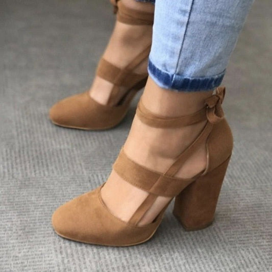 Chunky Suede Ankle Tie Square Heel Round Toe Shoes - My She Shop