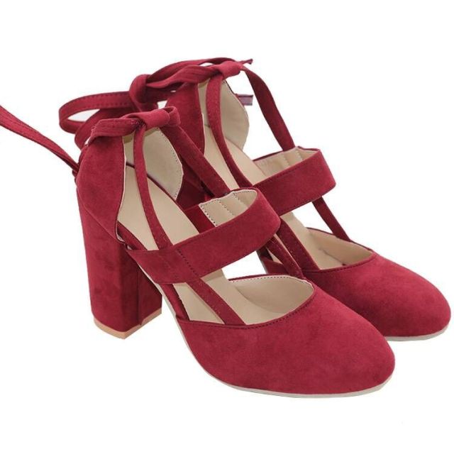 Chunky Suede Ankle Tie Square Heel Round Toe Shoes - My She Shop