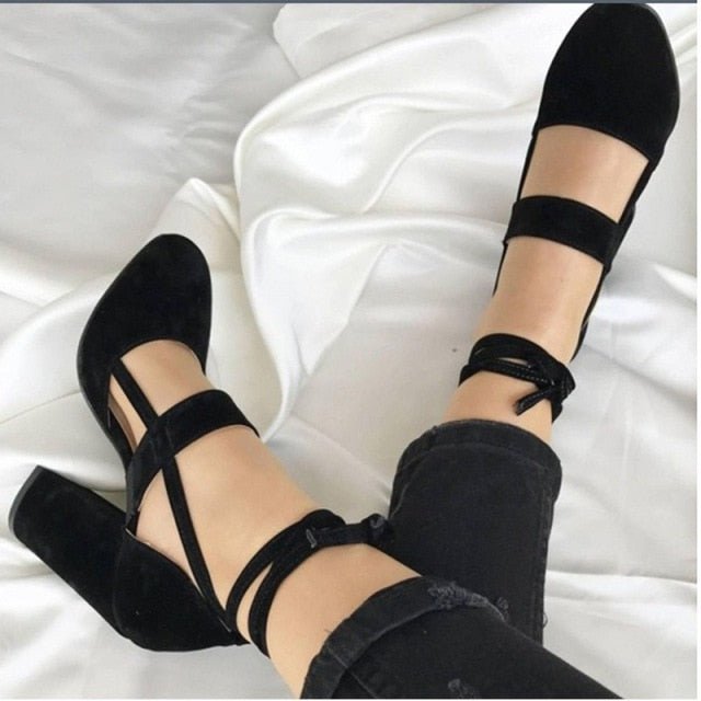 Chunky Suede Ankle Tie Square Heel Round Toe Shoes - My She Shop