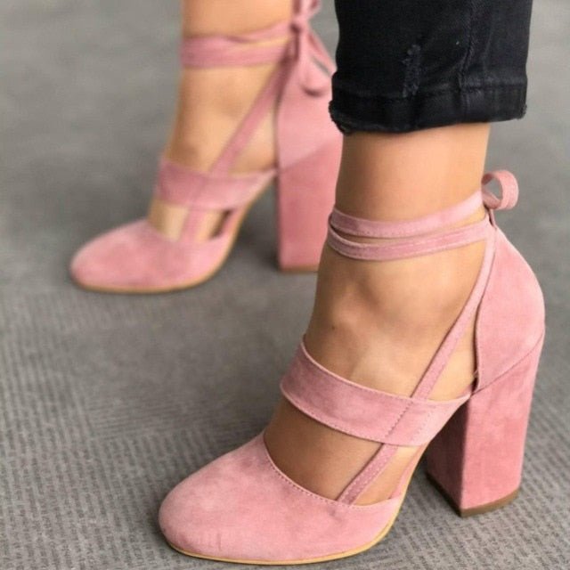 Chunky Suede Ankle Tie Square Heel Round Toe Shoes - My She Shop