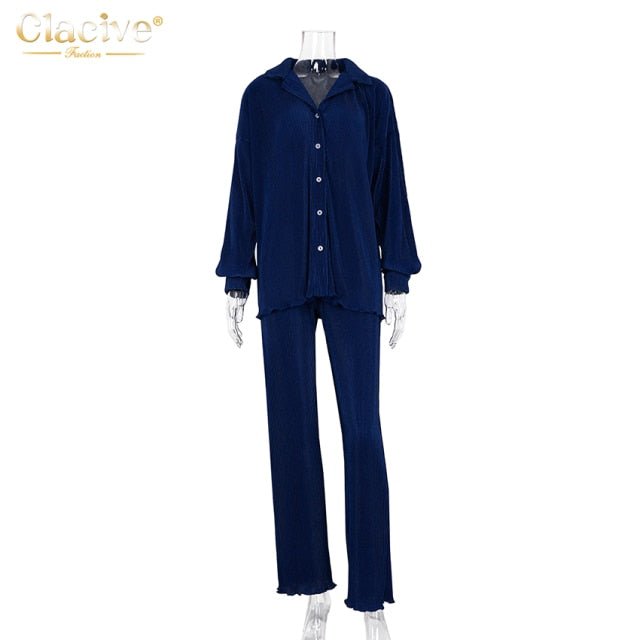 CLACIVE Long Sleeve Blouse With High Waist Mix and Match Pant Set - My She Shop