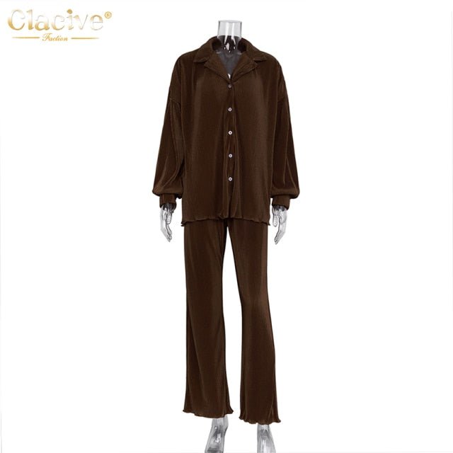 CLACIVE Long Sleeve Blouse With High Waist Mix and Match Pant Set - My She Shop