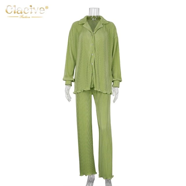 CLACIVE Long Sleeve Blouse With High Waist Mix and Match Pant Set - My She Shop