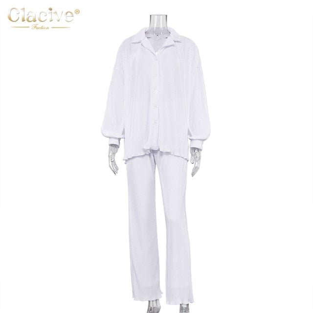 CLACIVE Long Sleeve Blouse With High Waist Mix and Match Pant Set - My She Shop