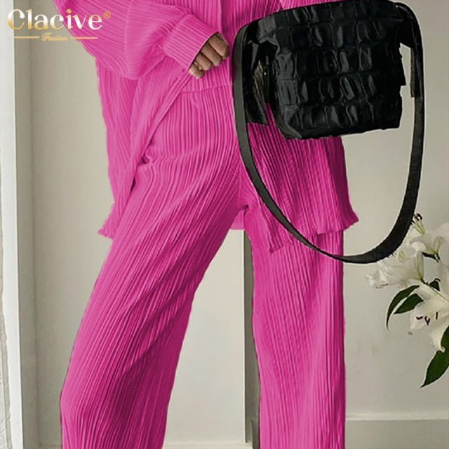 CLACIVE Long Sleeve Blouse With High Waist Mix and Match Pant Set - My She Shop