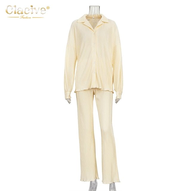 CLACIVE Long Sleeve Blouse With High Waist Mix and Match Pant Set - My She Shop