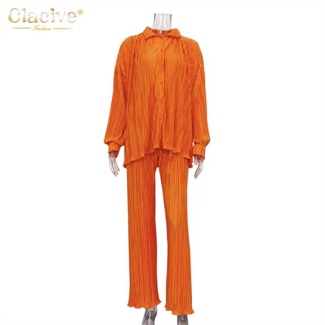 CLACIVE Long Sleeve Blouse With High Waist Mix and Match Pant Set - My She Shop