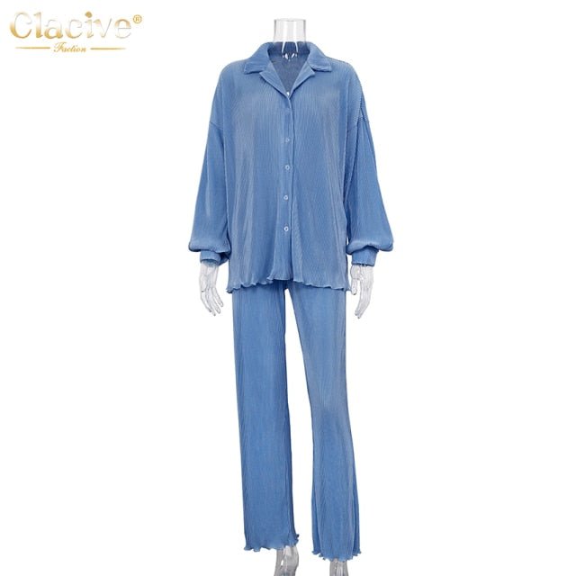 CLACIVE Long Sleeve Blouse With High Waist Mix and Match Pant Set - My She Shop