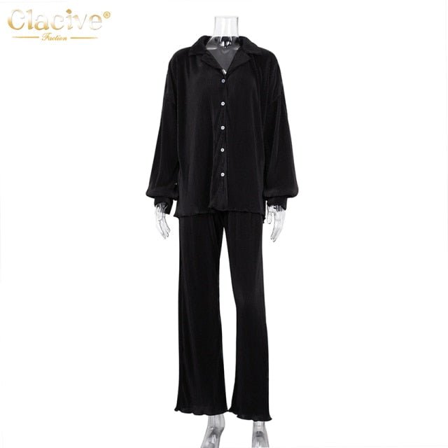 CLACIVE Long Sleeve Blouse With High Waist Mix and Match Pant Set - My She Shop