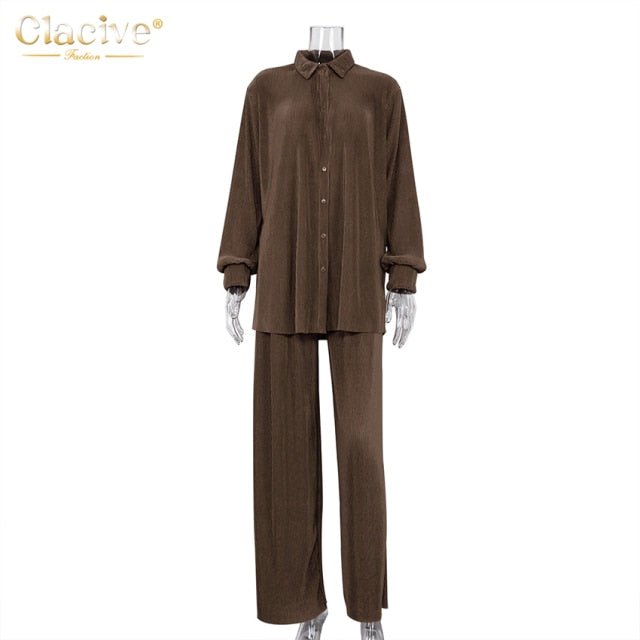 CLACIVE Long Sleeve Blouse With High Waist Mix and Match Pant Set - My She Shop