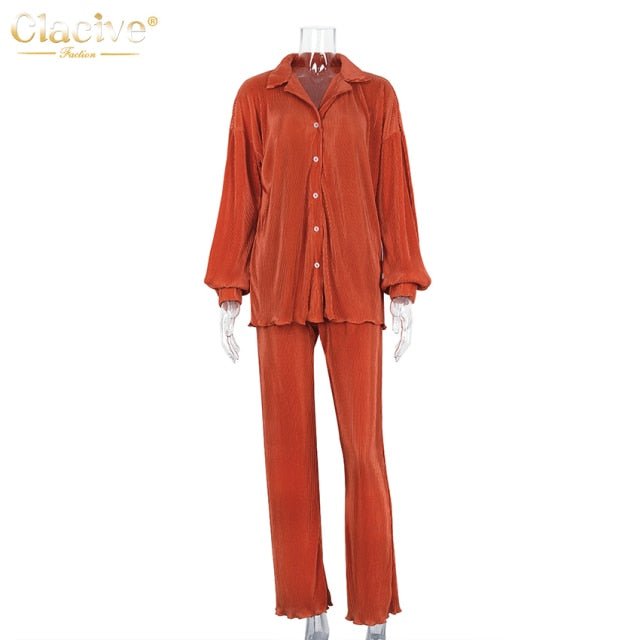 CLACIVE Long Sleeve Blouse With High Waist Mix and Match Pant Set - My She Shop