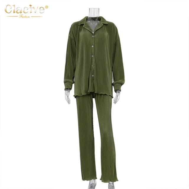 CLACIVE Long Sleeve Blouse With High Waist Mix and Match Pant Set - My She Shop