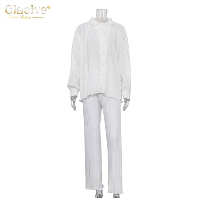 CLACIVE Long Sleeve Blouse With High Waist Mix and Match Pant Set - My She Shop