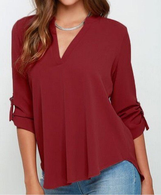 Classic Chiffon 3/4 Sleeve V-neck Pull-Over Blouse - My She Shop