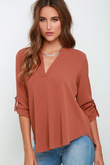 Classic Chiffon 3/4 Sleeve V-neck Pull-Over Blouse - My She Shop