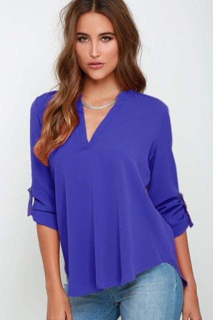 Classic Chiffon 3/4 Sleeve V-neck Pull-Over Blouse - My She Shop