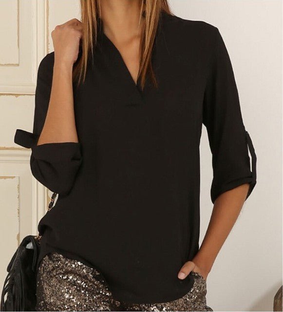 Classic Chiffon 3/4 Sleeve V-neck Pull-Over Blouse - My She Shop