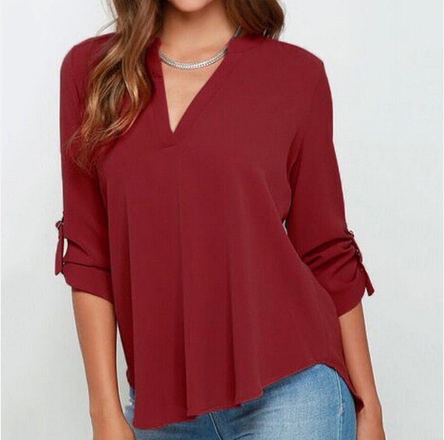 Classic Chiffon 3/4 Sleeve V-neck Pull-Over Blouse - My She Shop