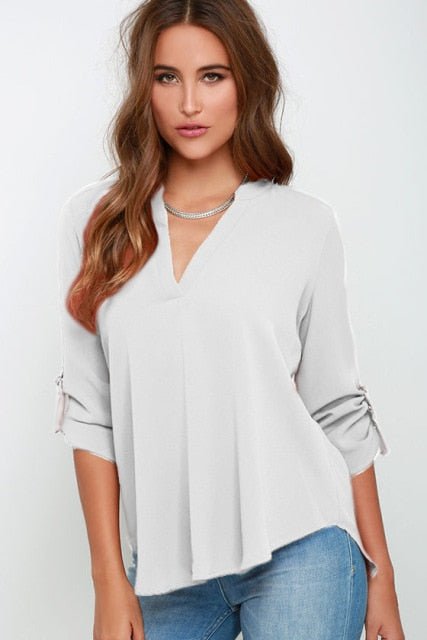 Classic Chiffon 3/4 Sleeve V-neck Pull-Over Blouse - My She Shop