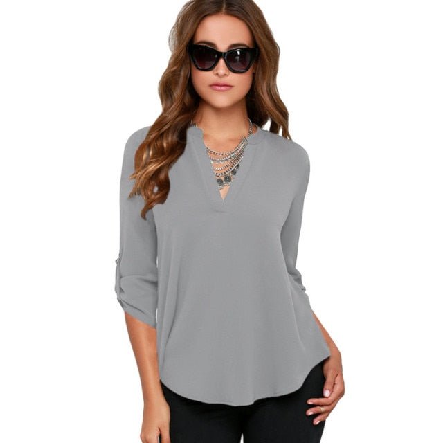 Classic Chiffon 3/4 Sleeve V-neck Pull-Over Blouse - My She Shop