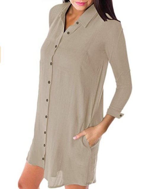 Classic Cotton Linen Turned Down Collar Pocket Long Sleeve Befree Shirt Dress - My She Shop