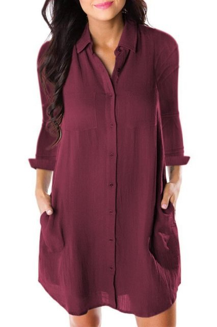 Classic Cotton Linen Turned Down Collar Pocket Long Sleeve Befree Shirt Dress - My She Shop