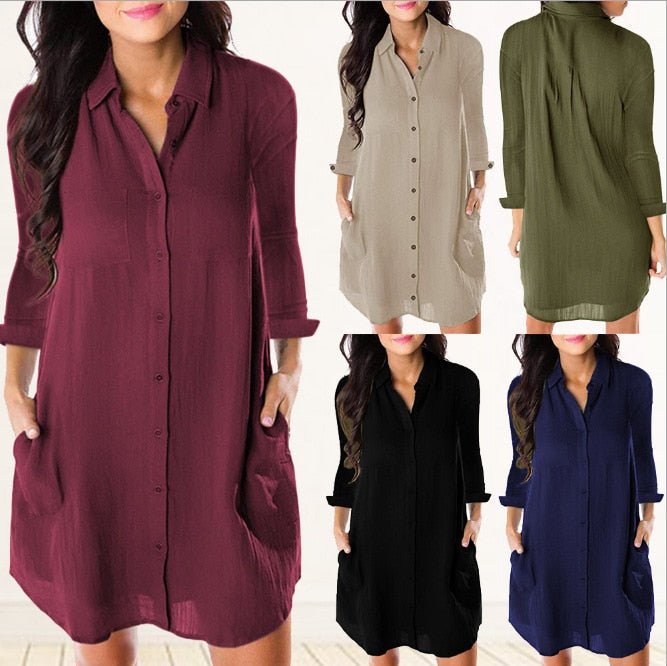 Classic Cotton Linen Turned Down Collar Pocket Long Sleeve Befree Shirt Dress - My She Shop