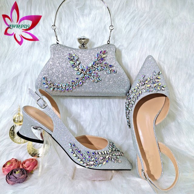 Classic Crystal Slingback Pointed Toe Slant Chunky Heel Shoes with Matching Bag - My She Shop