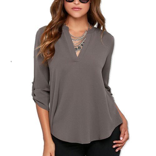 Comfortably Classic Cotton Poly Blend Adjustable Sleeve V-Neck Blouse - My She Shop