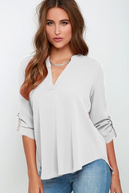 Comfortably Classic Cotton Poly Blend Adjustable Sleeve V-Neck Blouse - My She Shop