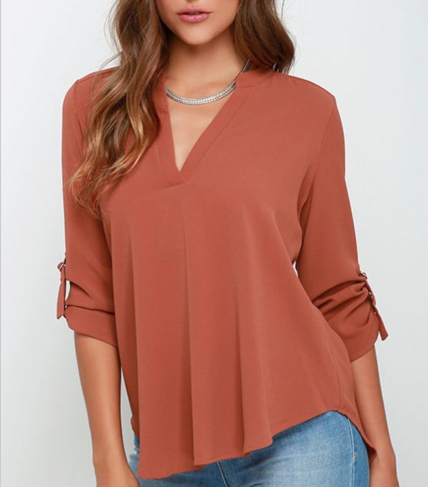 Comfortably Classic Cotton Poly Blend Adjustable Sleeve V-Neck Blouse - My She Shop