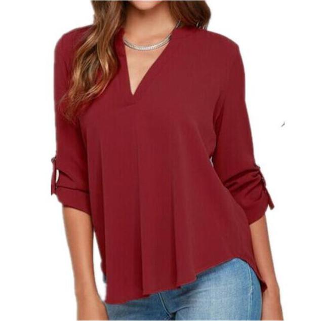 Comfortably Classic Cotton Poly Blend Adjustable Sleeve V-Neck Blouse - My She Shop