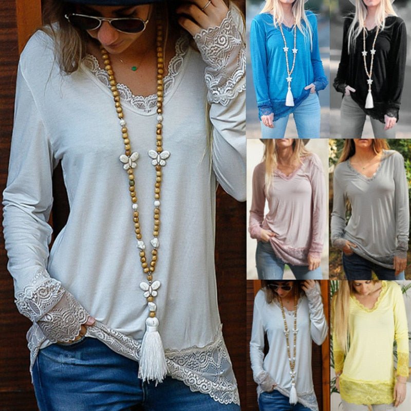 Comfy Casual V-Neck Long-sleeve Lace Trim Casual Top - My She Shop