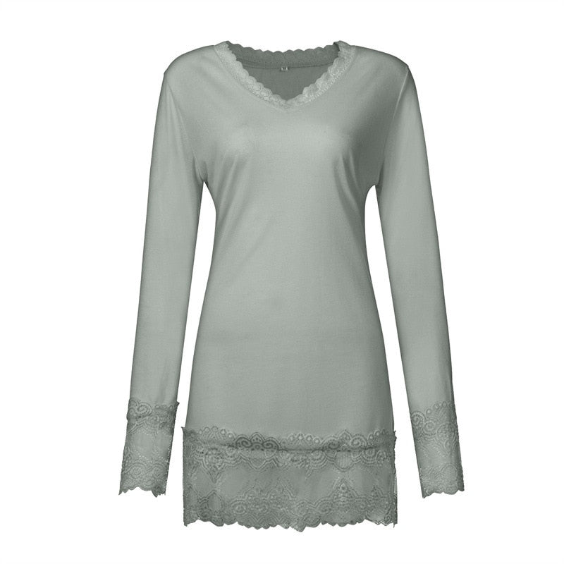 Comfy Casual V-Neck Long-sleeve Lace Trim Casual Top - My She Shop