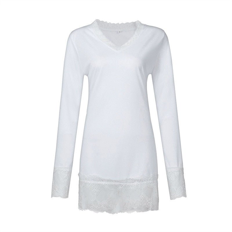 Comfy Casual V-Neck Long-sleeve Lace Trim Casual Top - My She Shop