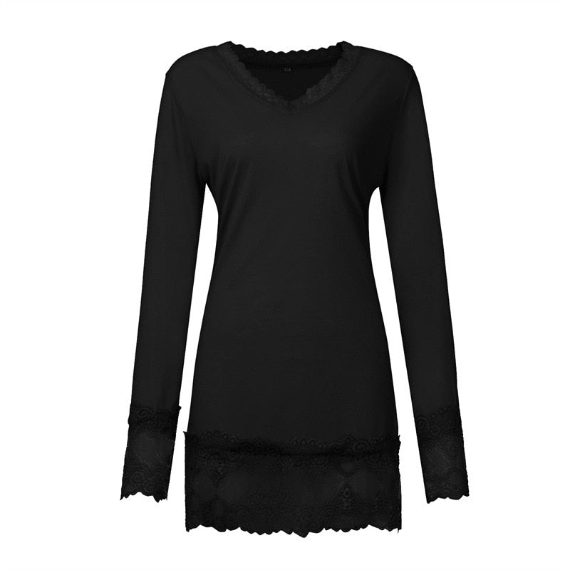 Comfy Casual V-Neck Long-sleeve Lace Trim Casual Top - My She Shop