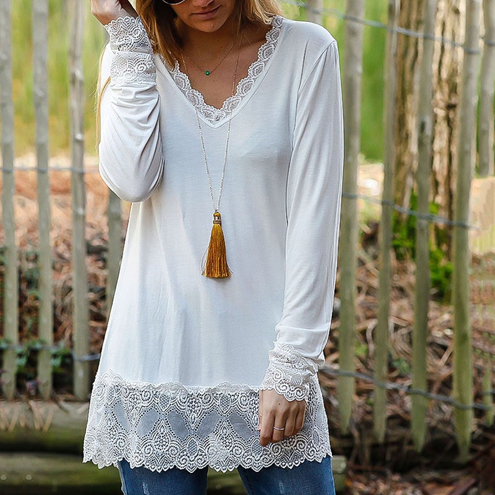 Comfy Casual V-Neck Long-sleeve Lace Trim Casual Top - My She Shop