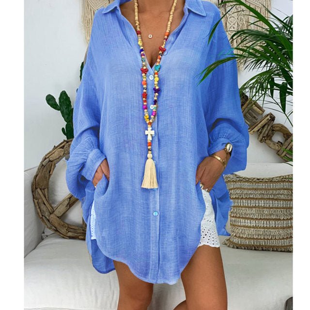 Cool Cotton Linen Long Sleeve Loose Button Turn Down Collar Beach Cruise Blouse - My She Shop