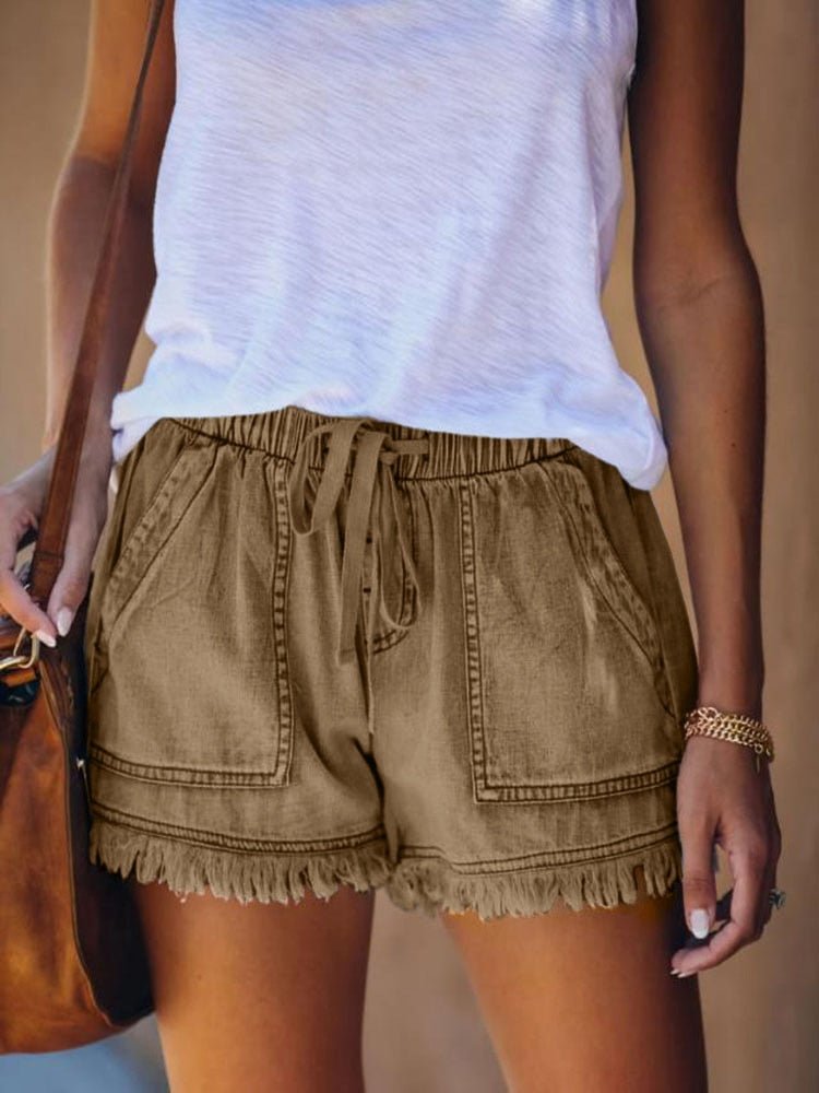 Cotton Denim Drawstring Elastic High Waste Shorts - My She Shop