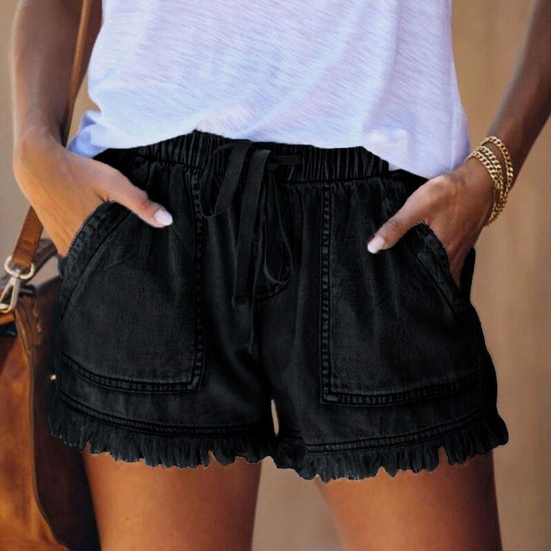 Cotton Denim Drawstring Elastic High Waste Shorts - My She Shop