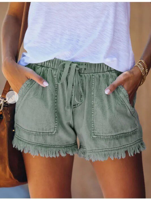 Cotton Denim Drawstring Elastic High Waste Shorts - My She Shop