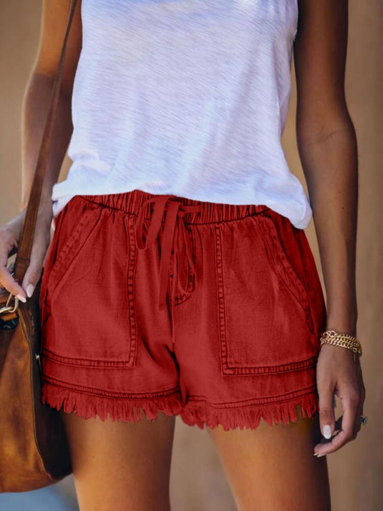 Cotton Denim Drawstring Elastic High Waste Shorts - My She Shop